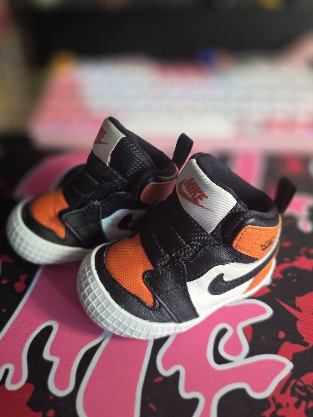 Nike Infant Jordan 1 Crib Booties High-Top Sneakers in Orange, Black & White